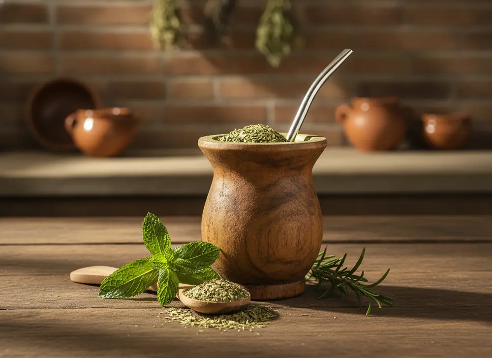 yerba mate a trawienie – matero z suszem yerby obok świeżej mięty i rozmarynu