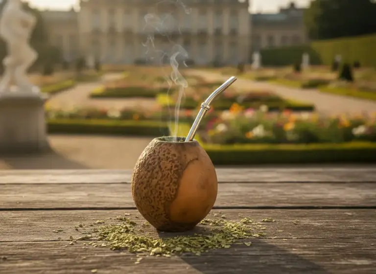 Yerba mate Białystok – matero z bombillą na tle barokowego ogrodu pałacowego