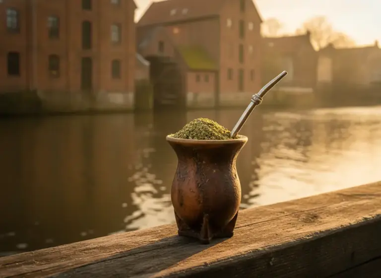 Yerba mate Bydgoszcz – matero z bombillą nad rzeką, w tle ceglane spichrze i młyn