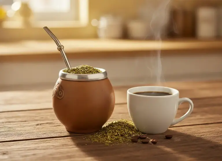 Yerba mate czy kawa – matero z bombillą obok filiżanki czarnej kawy na drewnianym stole