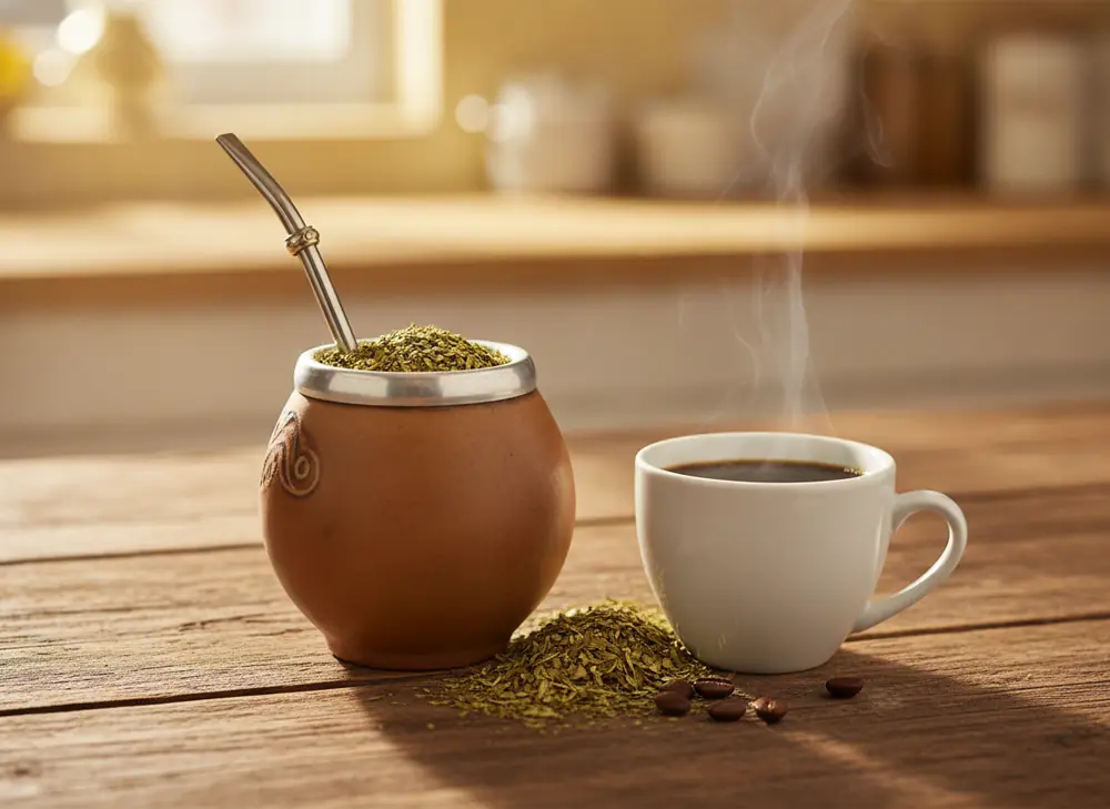 Yerba mate czy kawa – matero z bombillą obok filiżanki czarnej kawy na drewnianym stole