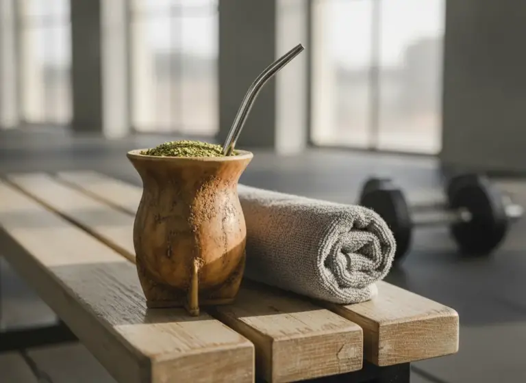 Yerba mate dla sportowców – matero z bombillą na ławce na siłowni
