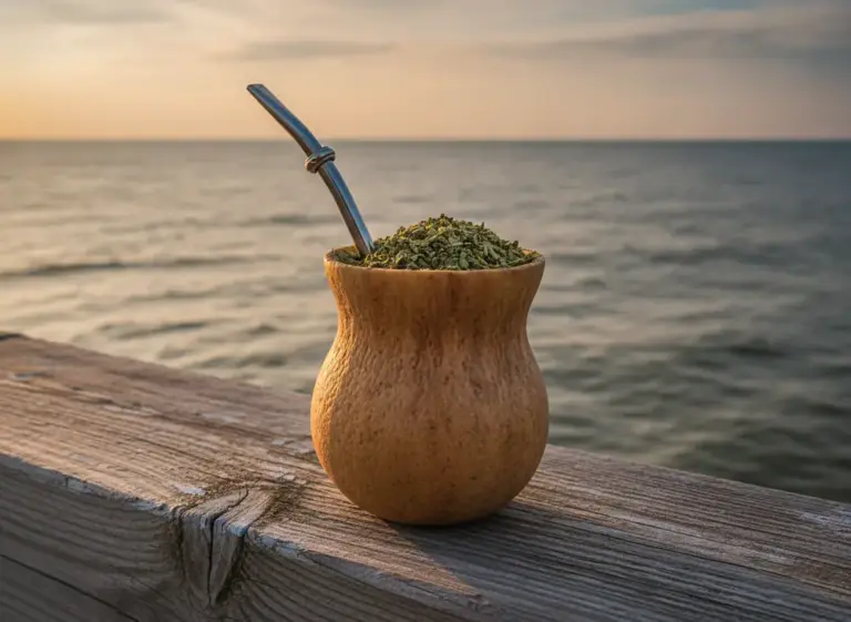 Matero z yerba mate na drewnianym molo nad Bałtykiem – yerba mate Gdańsk
