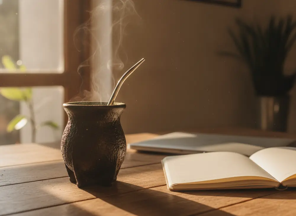 Parujące matero z yerba mate na biurku – energia do pracy i nauki