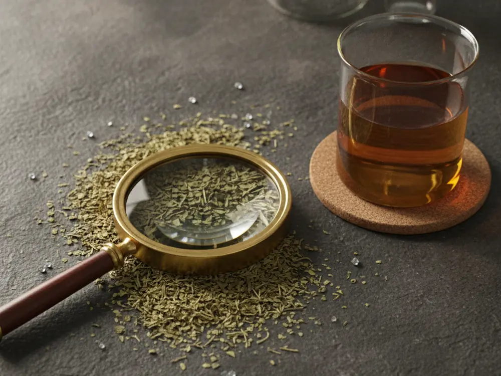 Suszone liście yerba mate na blacie laboratoryjnym obok lupy - kontrola jakości i badania