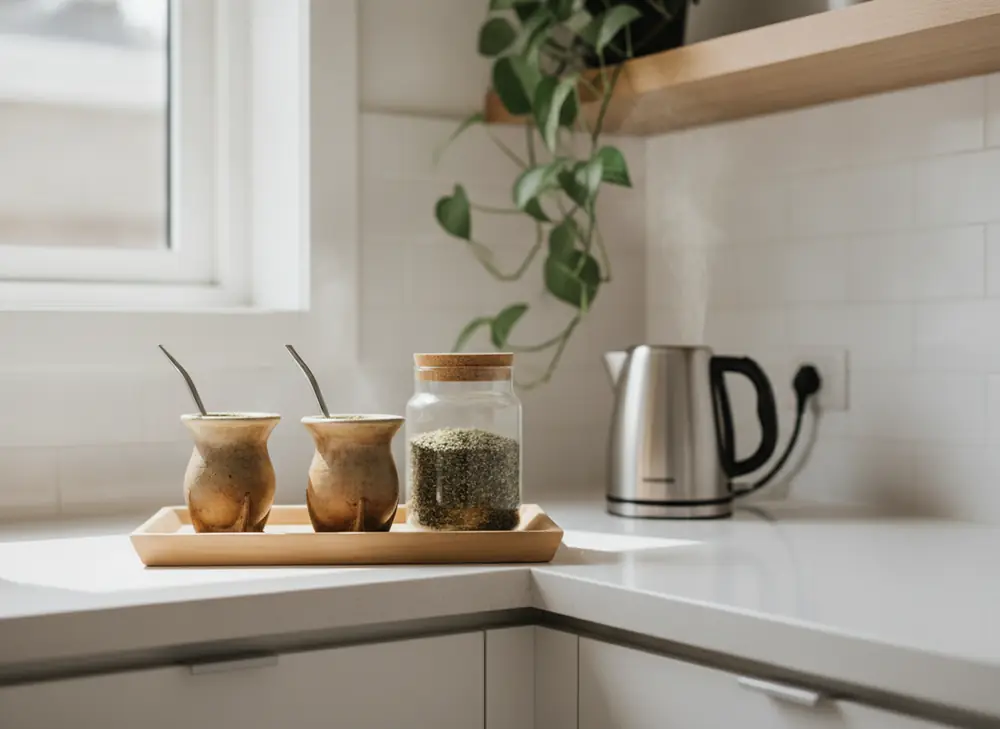 Kącik yerba mate w biurowej kuchni – matero, słój z suszem i czajnik