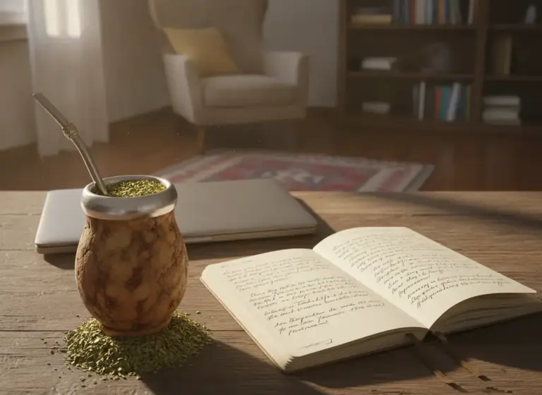 Yerba mate a koncentracja i nauka - matero z bombillą obok notatek do nauki
