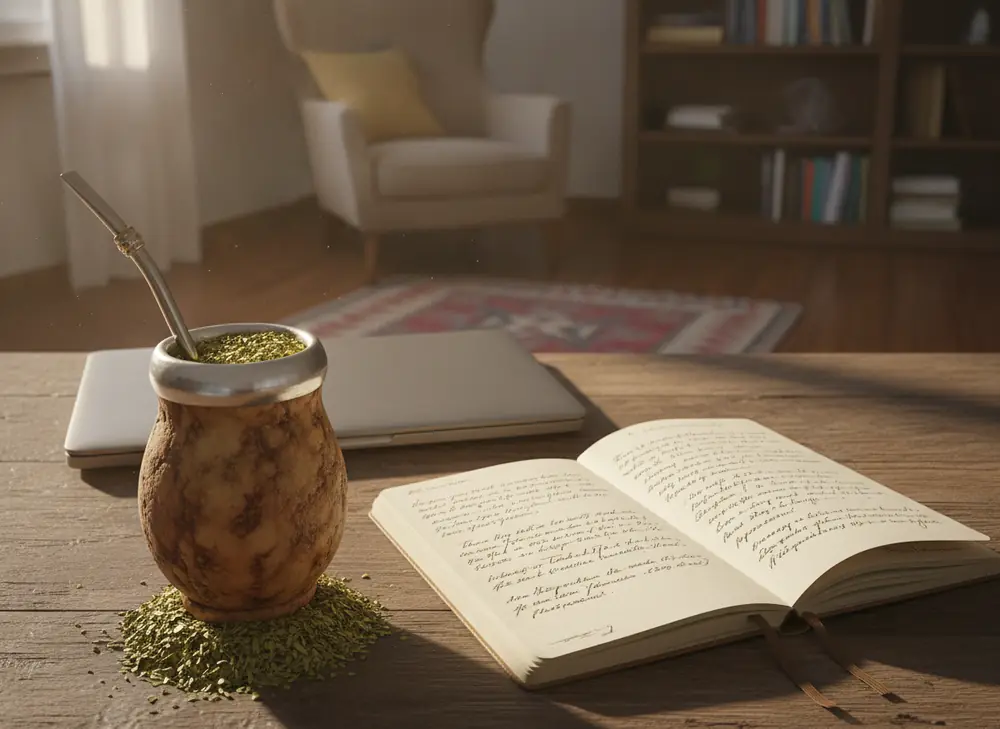 Yerba mate a koncentracja i nauka - matero z bombillą obok notatek do nauki