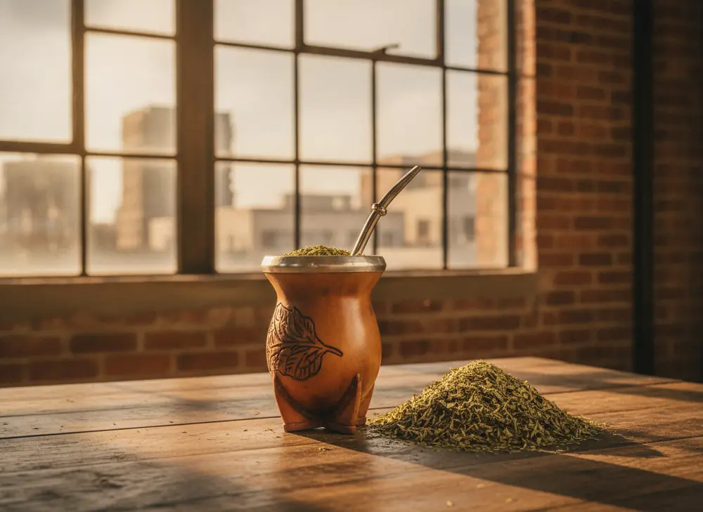 Matero z yerba mate na drewnianym stole w łódzkim lofcie z ceglaną ścianą – yerba mate Łódź