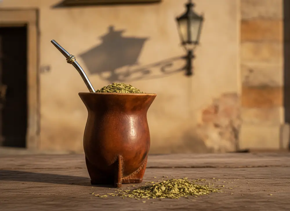 Yerba mate Lublin – matero z bombillą na tle kamienicy starego miasta