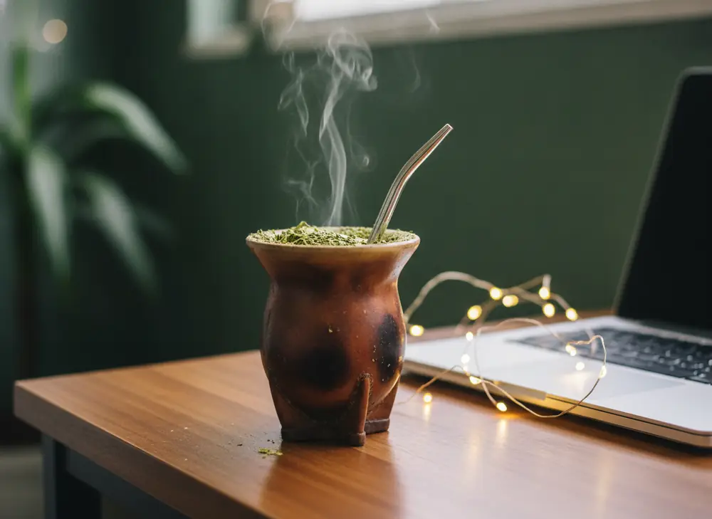 Matero z parującą yerba mate na biurku pracownika w zimowym klimacie
