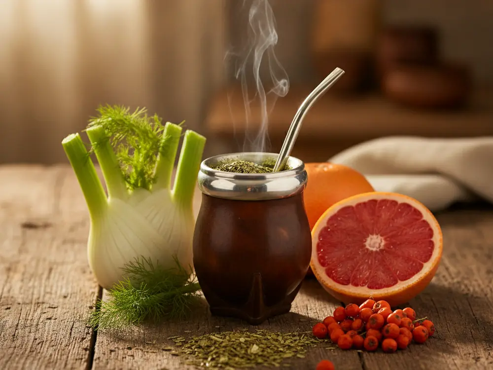 Naturalne zioła wspierające odchudzanie - fenkuł, grejpfrut, jarzębina obok yerba mate w matero