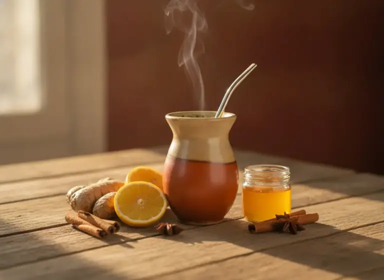 Yerba mate a odporność – matero z imbirem, cytryną i miodem na jesiennym stole