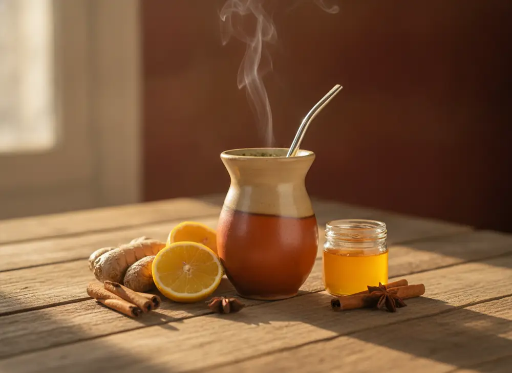 Yerba mate a odporność – matero z imbirem, cytryną i miodem na jesiennym stole