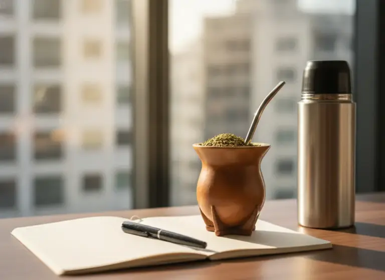 Yerba mate Poznań – matero z bombillą na biurku obok notesu, poranna energia do pracy