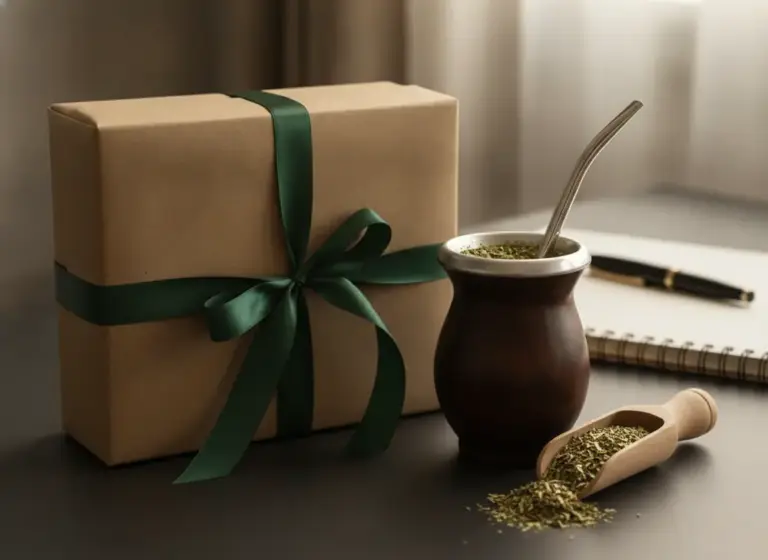 Yerba mate prezent firmowy – pudełko prezentowe, matero z bombillą i susz na biurku