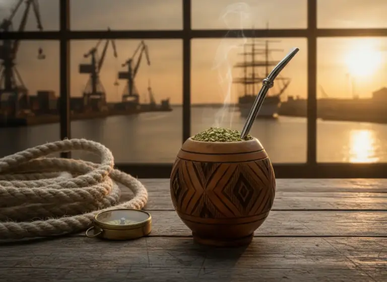 Matero z yerba mate na drewnianym stole na tle portu z dźwigami i żaglowcem – yerba mate Szczecin