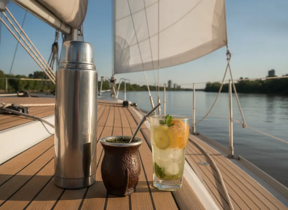 Termos, matero i szklanka terere na pokładzie jachtu na wodzie – yerba mate na żagle w Szczecinie