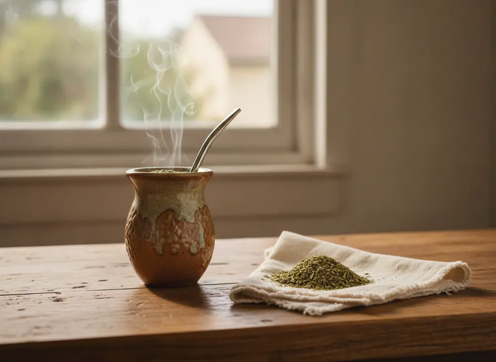 Matero z parującą yerba mate na biurku przy oknie — zakupy yerba mate do domu