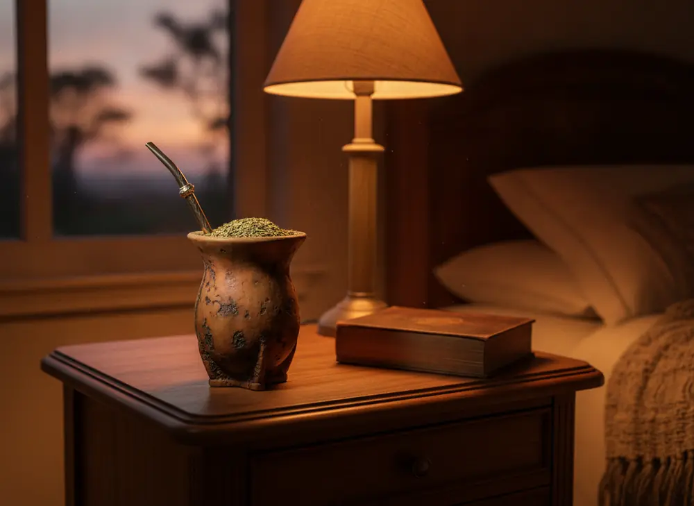 Yerba mate wieczorem – matero z bombillą na szafce nocnej przy lampce
