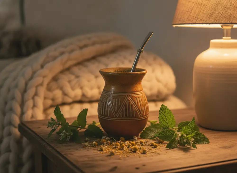 Wieczorne matero z yerba mate obok melisy i rumianku