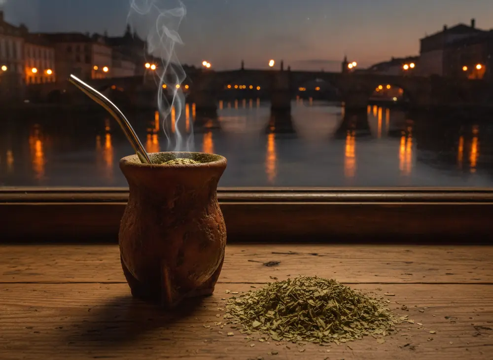 Yerba mate wrocław - matero z bombillą na tle wieczornej rzeki i mostu