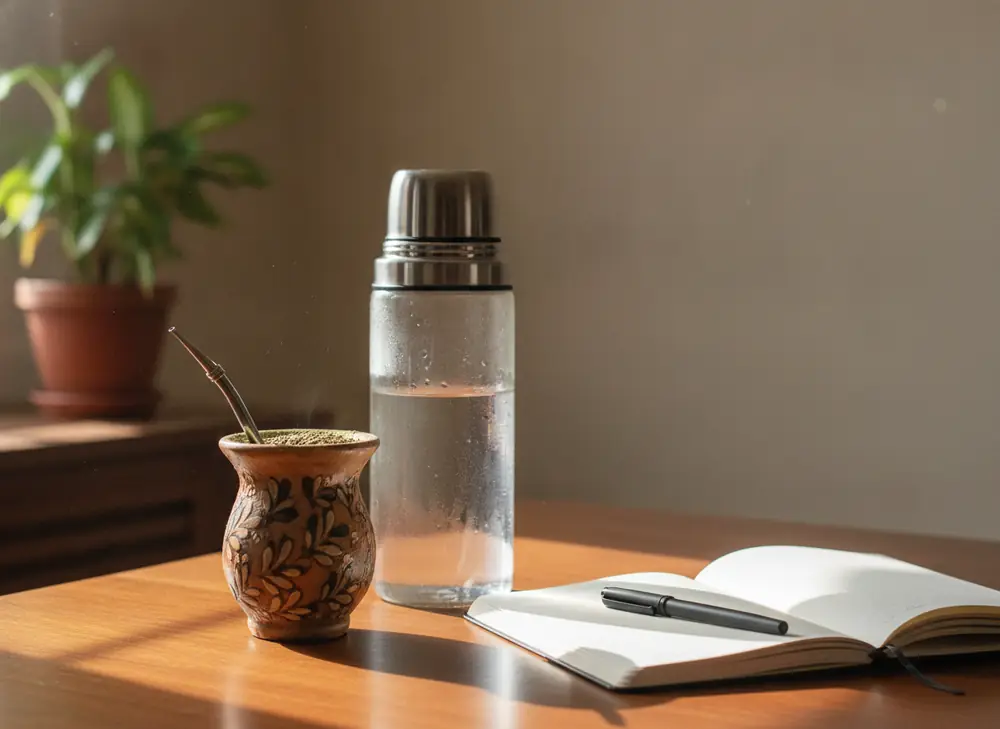 Matero z yerba mate i termos na biurku – równa energia do pracy zamiast kawy