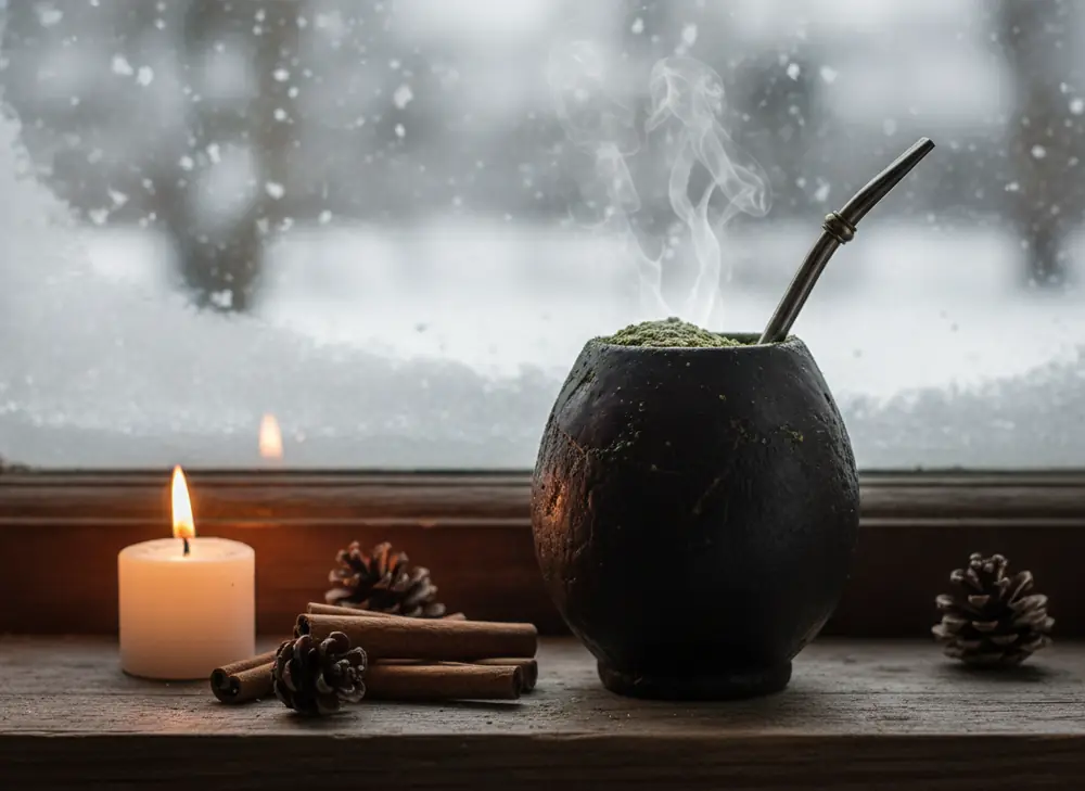 Parująca yerba mate w matero na parapecie w zimowy wieczór