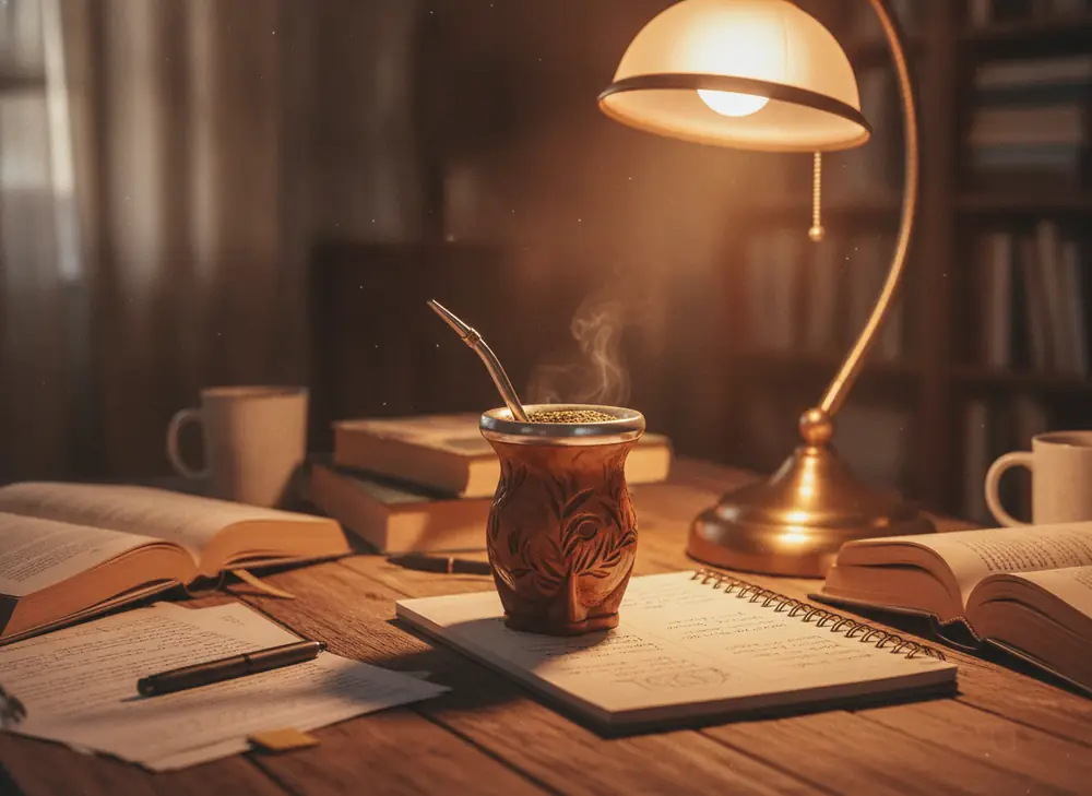matero z yerba mate na biurku studenckim w Krakowie