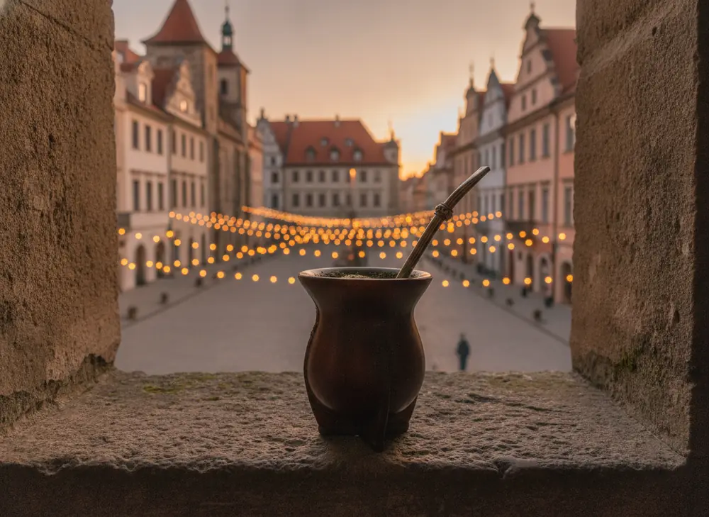 yerba mate matero z widokiem na stare miasto w Krakowie o zmierzchu