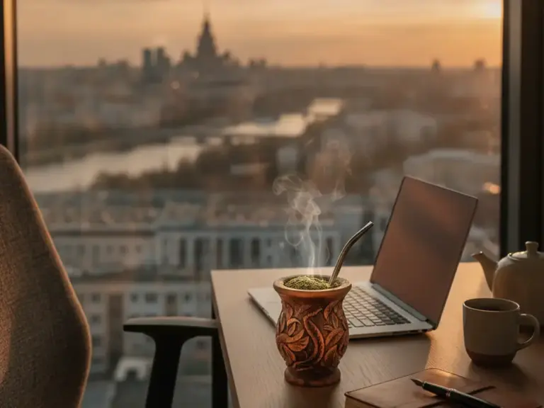 yerba mate w warszawskim biurze z widokiem na panoramę miasta
