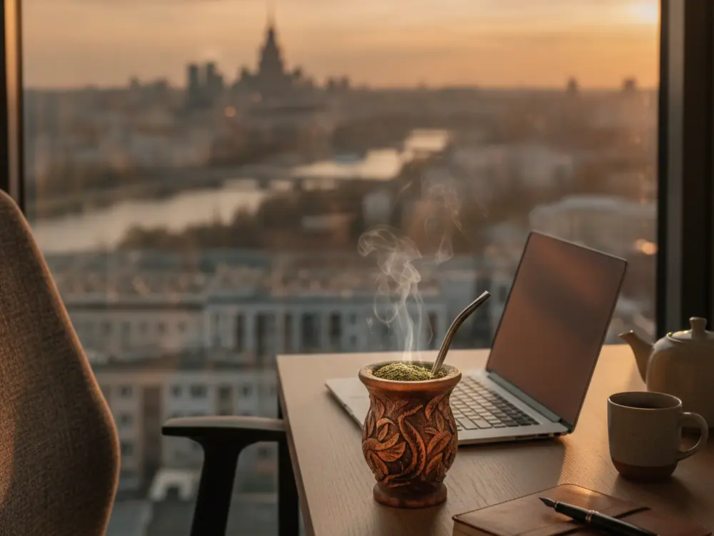 yerba mate w warszawskim biurze z widokiem na panoramę miasta