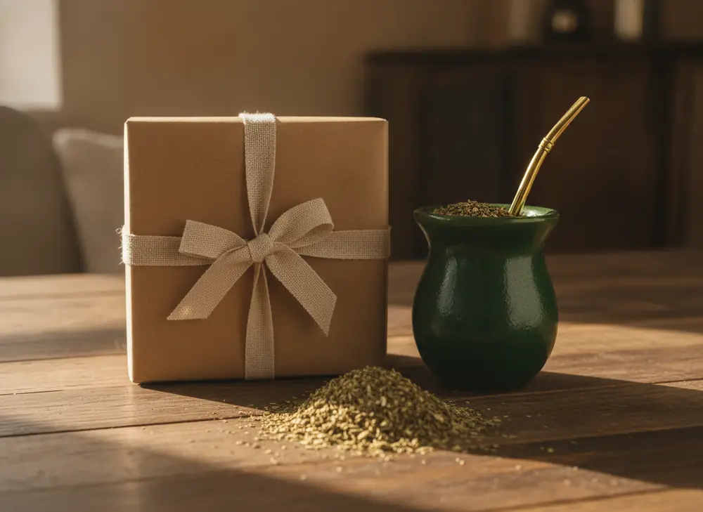 Zestaw prezentowy yerba mate – matero, bombilla i pudełko z kokardą na drewnianym stole