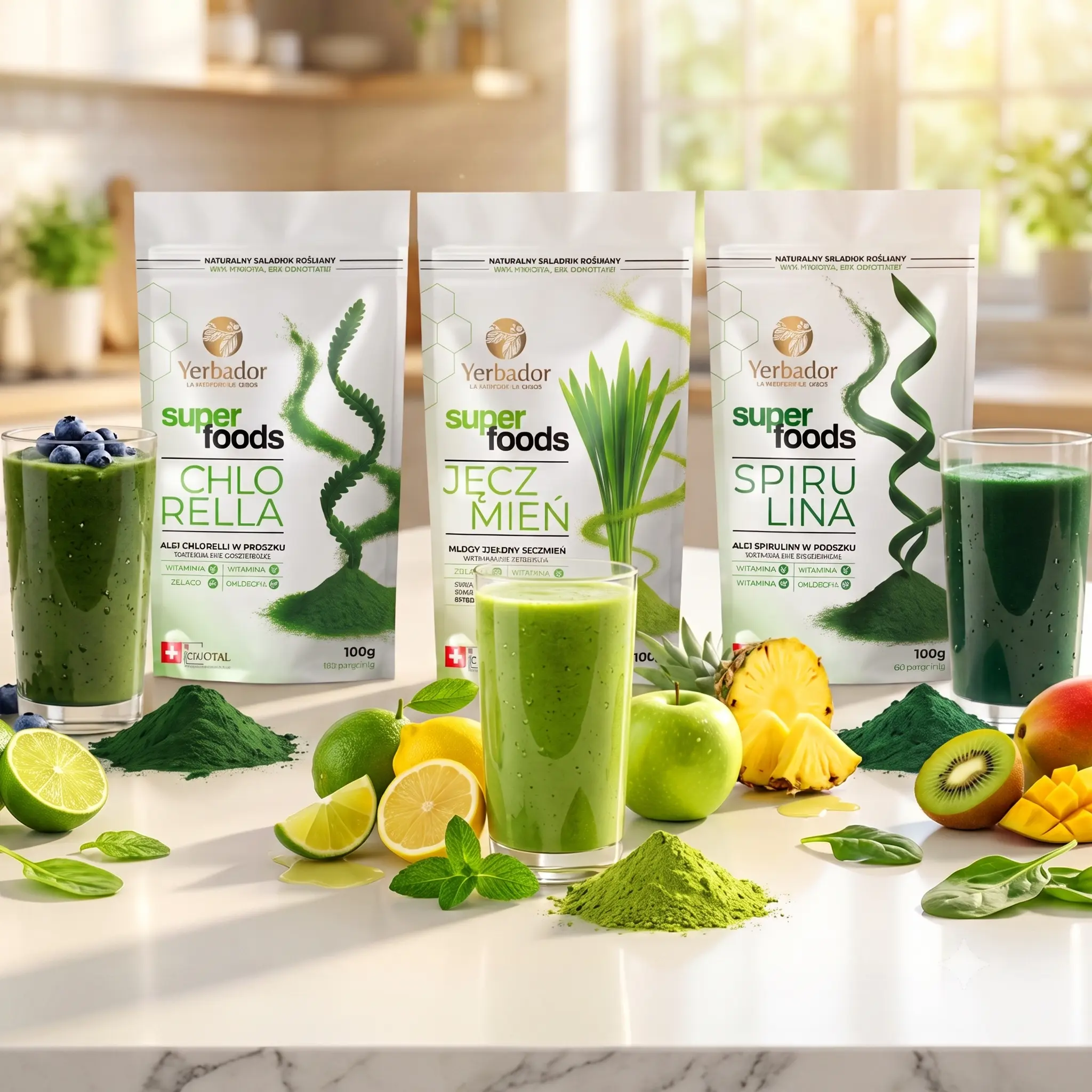 Zestaw Chlorella, Spirulina i Jęczmień Green Energy Boost 600 g Yerbador