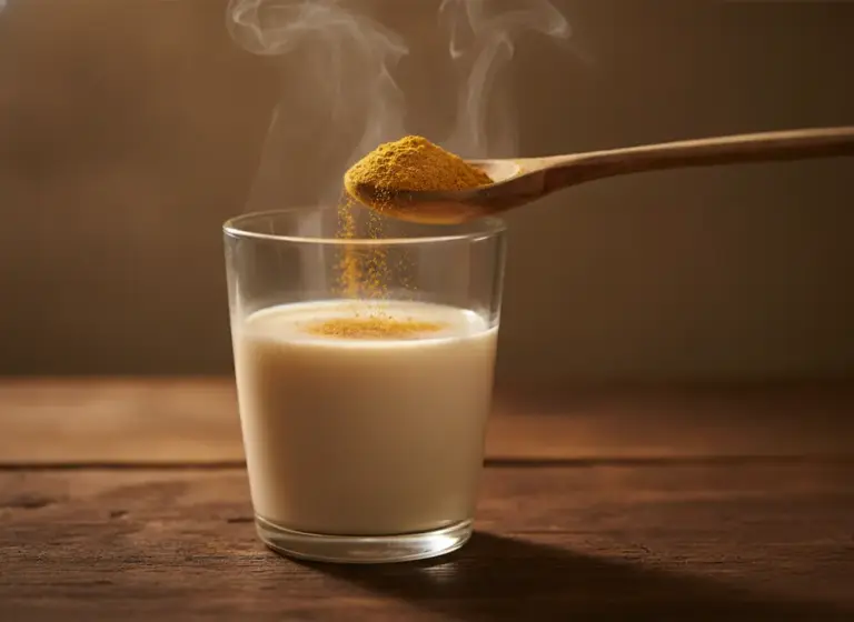 Ashwagandha w proszku wsypywana łyżką do szklanki ciepłego mleka roślinnego