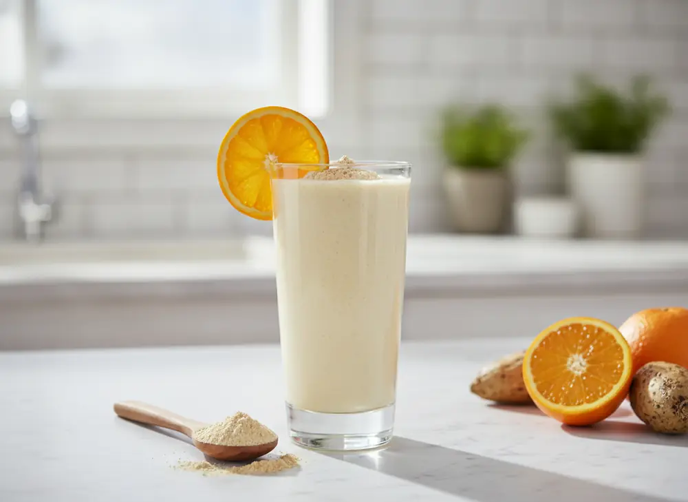 Smoothie z baobabem – szklanka napoju z posypką proszku baobabowego na blacie kuchennym