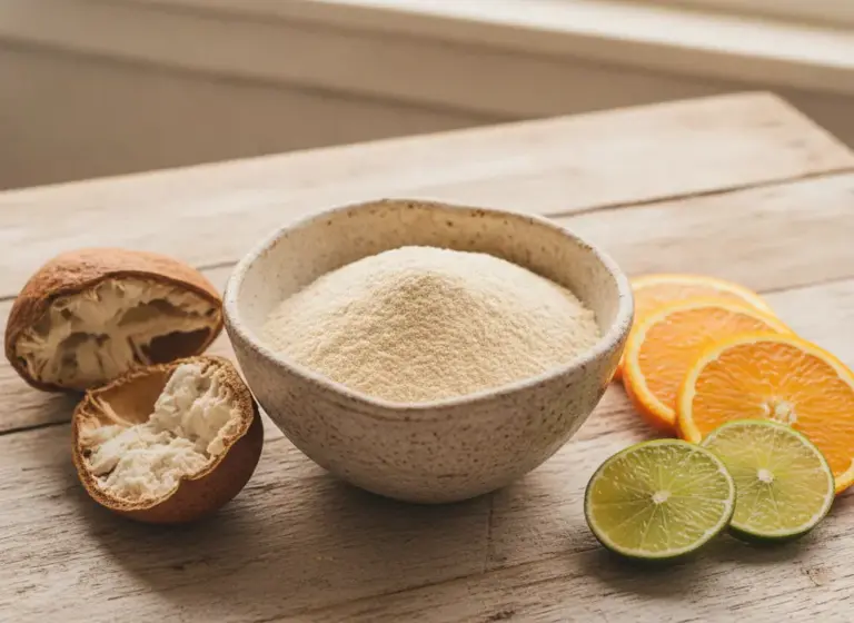 Baobab w proszku – miska sproszkowanego miąższu z plastrami cytryny i limonki
