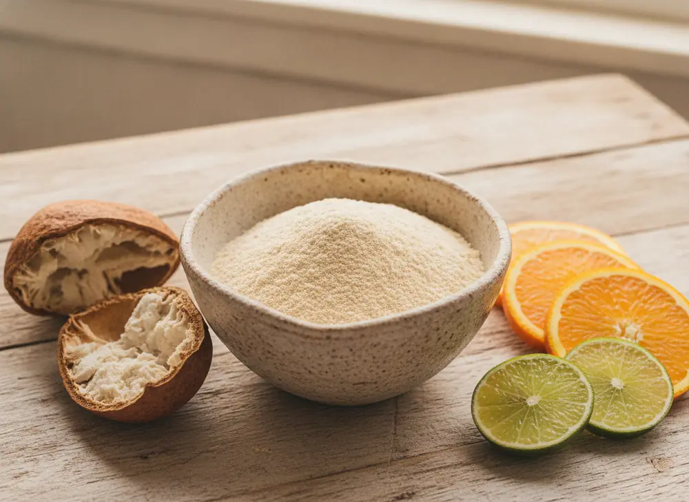Baobab w proszku – miska sproszkowanego miąższu z plastrami cytryny i limonki