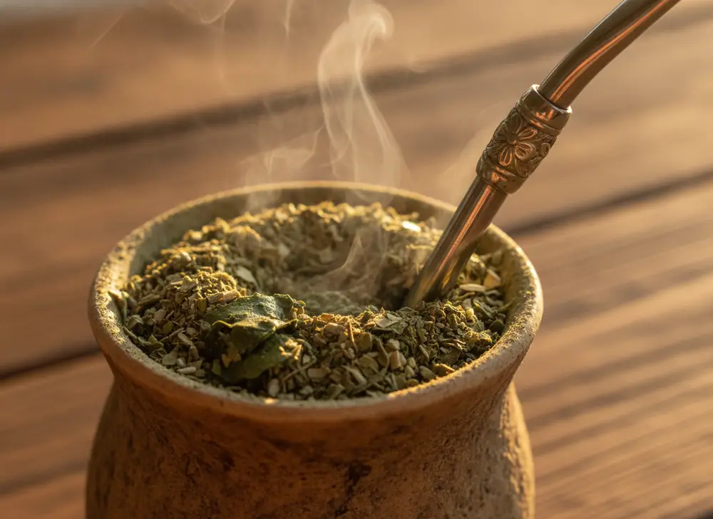 Metalowa bombilla zanurzona w suszonych liściach yerba mate, para unosząca się znad naczynia