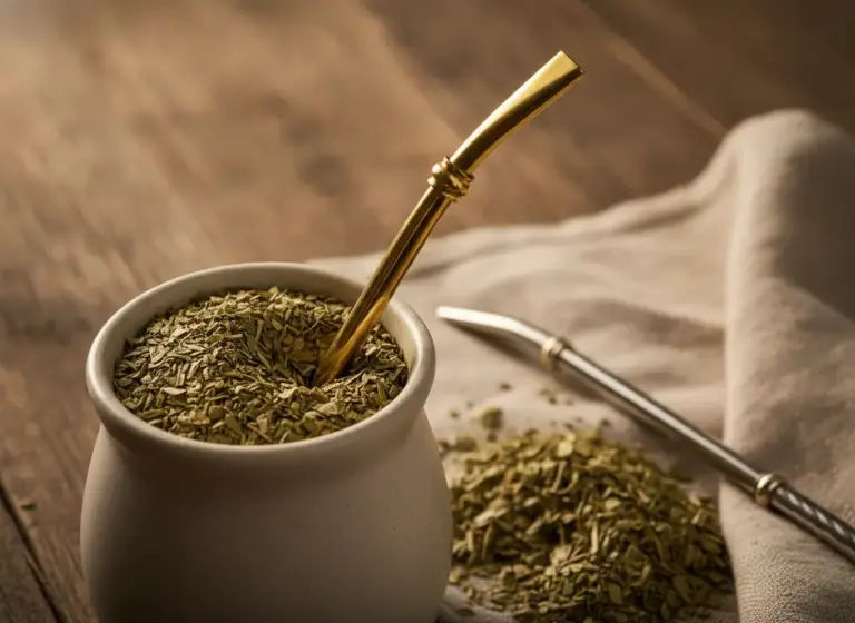 Złota i srebrna bombilla do yerba mate w ceramicznym matero