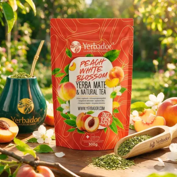 BRZOSKWINIOWY SAD – YERBA MATE + BIAŁA HERBATA + BUKOWY NABIERAK