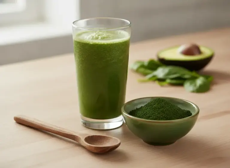 Chlorella w proszku obok zielonego smoothie – właściwości i zastosowanie