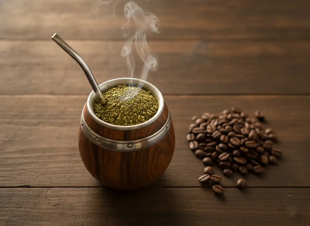 Matero z parującą yerba mate obok ziaren kawy – porównanie zawartości kofeiny