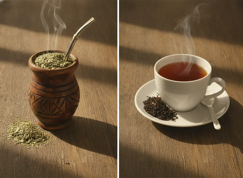 Herbata yerba mate – porównanie: matero z bombillą i yerbą obok filiżanki czarnej herbaty