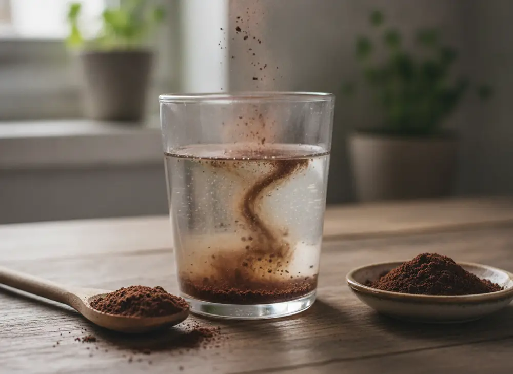 Guarana w proszku rozpuszczana w szklance wody, obok drewniana łyżka z proszkiem