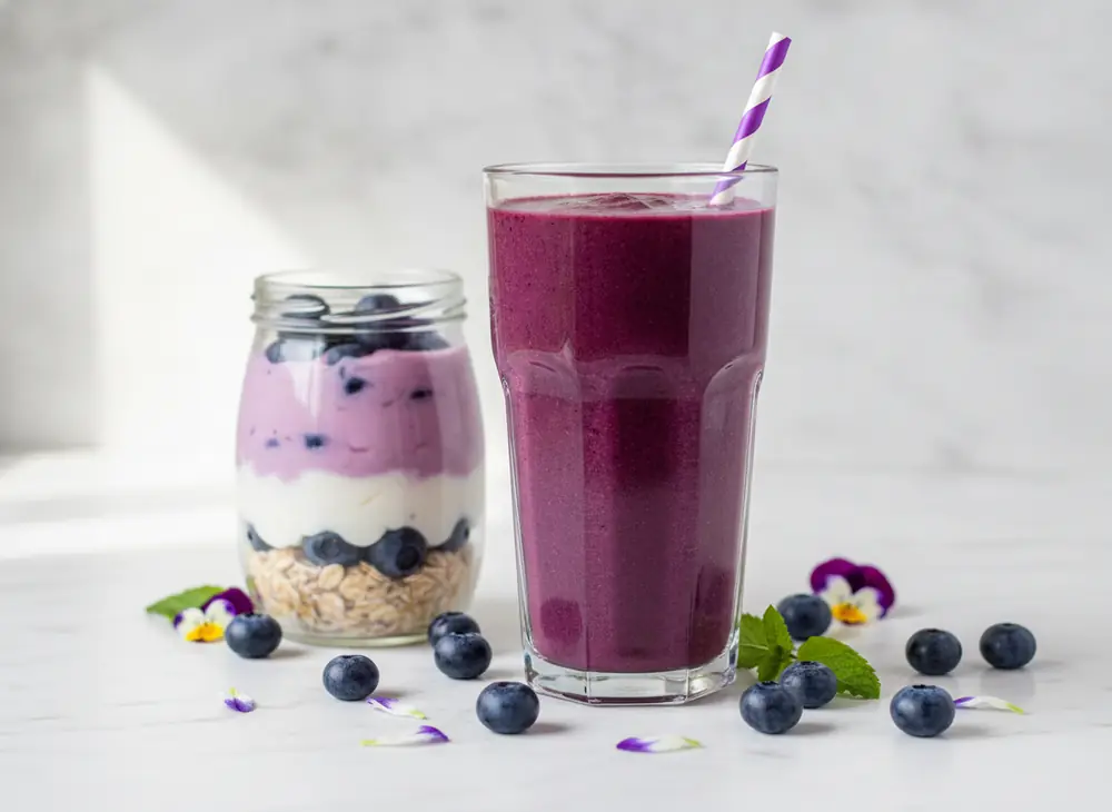 Fioletowe smoothie z jagodami acai i owsianka nocna z kremem acai