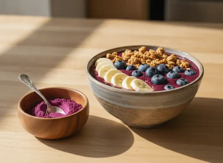Jagody acai – fioletowa miska smoothie bowl z proszkiem acai, granolą i borówkami