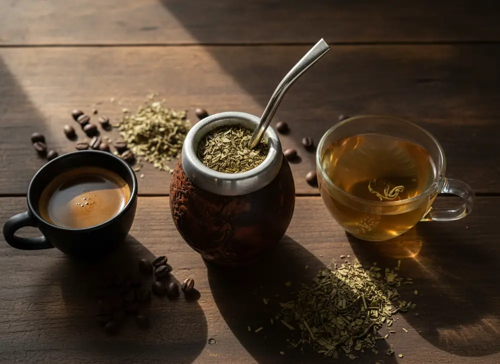 Kawa, yerba mate w kalabasie i herbata obok siebie – porównanie zawartości kofeiny
