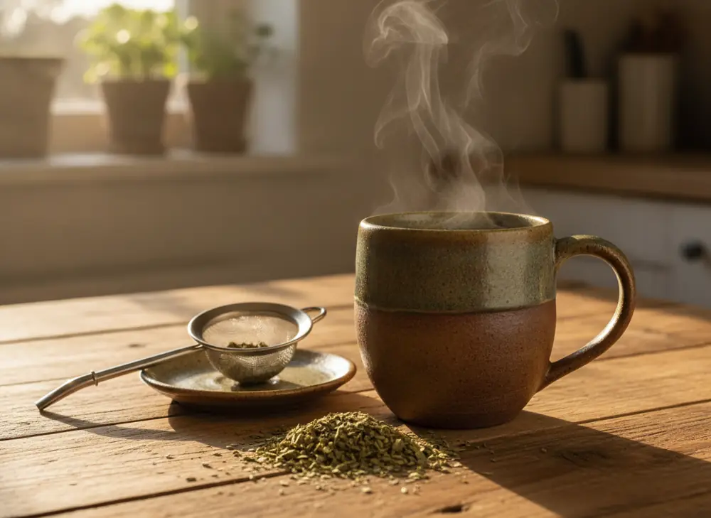 Parzenie słabszego naparu yerba mate w kubku ze sitkiem