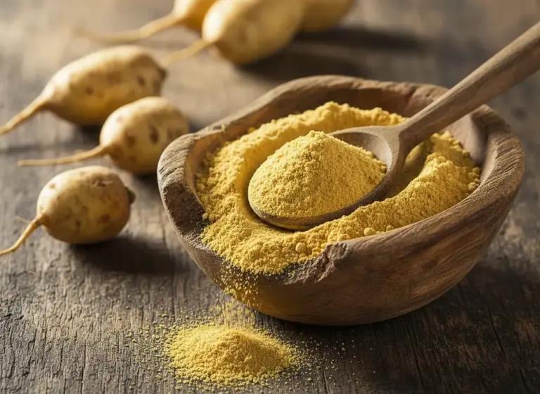 Maca w proszku w drewnianej misce z łyżką i surowymi korzeniami maca w tle
